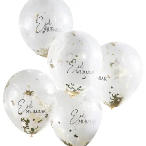 Konfettiballonger (5stk): Eid - "Eid mubarak" måne og stjerner konfetti - Gjennomsiktig - 30cm