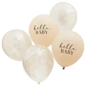 Konfettiballonger (5stk): "Hello Baby" Nøytral - Beige - 30cm
