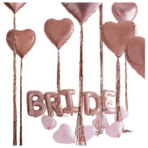 Dekor kit: "Bride" banner, 6stk lateksballonger, 9stk folieballonger & 8stk tassels