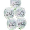 Konfettiballonger (5stk): "Happy birthday" bald konfetti - Gjennomsiktig - 30cm