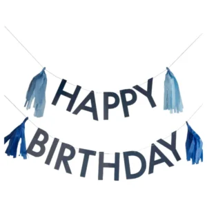 Banner / Girlander: "Happy birthday" i med tassel - blå - 1,5m