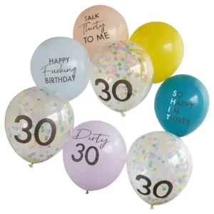 Lateksballonger  (8stk): med konfetti "Happy Fucking Birthday 30th Birthday" - Fargerik - 30cm