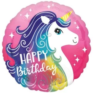 Folieballong: "Happy Birthday" enhjørning - Rosa- 43cm