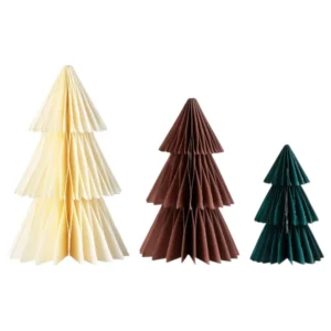Hengende dekor / Honeycombs (3stk): Juletre - Brun, Grønn & Kremfarget - 12x7,5cm/16x10cm/20x12,6cm