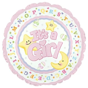Folieballong: "It’s a girl" med stjerner, skranlger og bokstaver - Rosa, hvit, Gul, grønn, blå, lilla - 45cm
