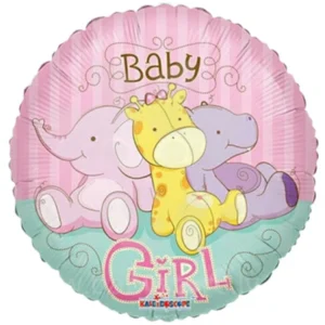Folieballong: "Baby girl" med sjiraff, elefant og flodhest bamser - Rosa, Gul, Turkis - 45cm