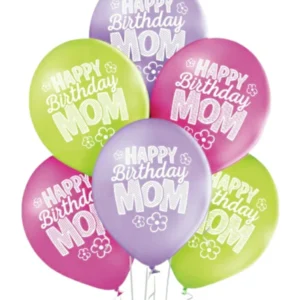 Lateksballonger (6stk):''Happy birtday mom'' med blomster- 30cm