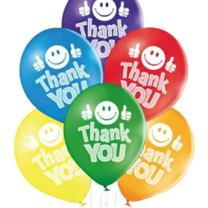 Lateksballonger (6stk): "thank you" med smilefjes - 30cm