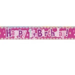Banner:  "Happy 1st birthday" - Glitrende effekt - Rosa - 3m