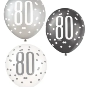Lateksballonger (6stk): "80" - Sølv - 30cm