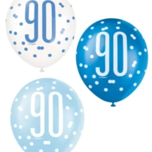 Lateksballonger (6stk): "90" -  Blå & sølv -  30cm