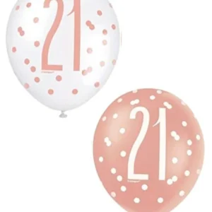 Lateksballonger (6stk): "21" - Rosegull & Hvit - 30cm