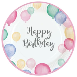 Tallerkener (8stk): "Happy Birthday" - med pastel ballonger - 23cm