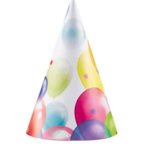 Partyhatter (8stk): Med ballonger - Fargerik - 16,2cm