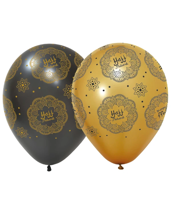 Lateksballonger (6stk): "Hajj Mubarak" - Svart & Gull - 30cm