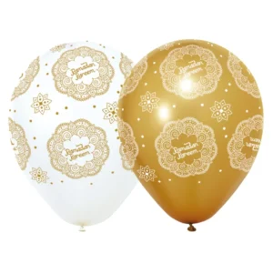 Lateksballonger (6stk): "Ramadan Kareem" - Hvit & Gull - 30cm