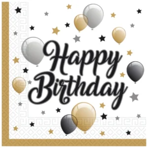 Servietter (20stk): "Happy Birthday" - med ballonger og stjerner - 33 x 33cm