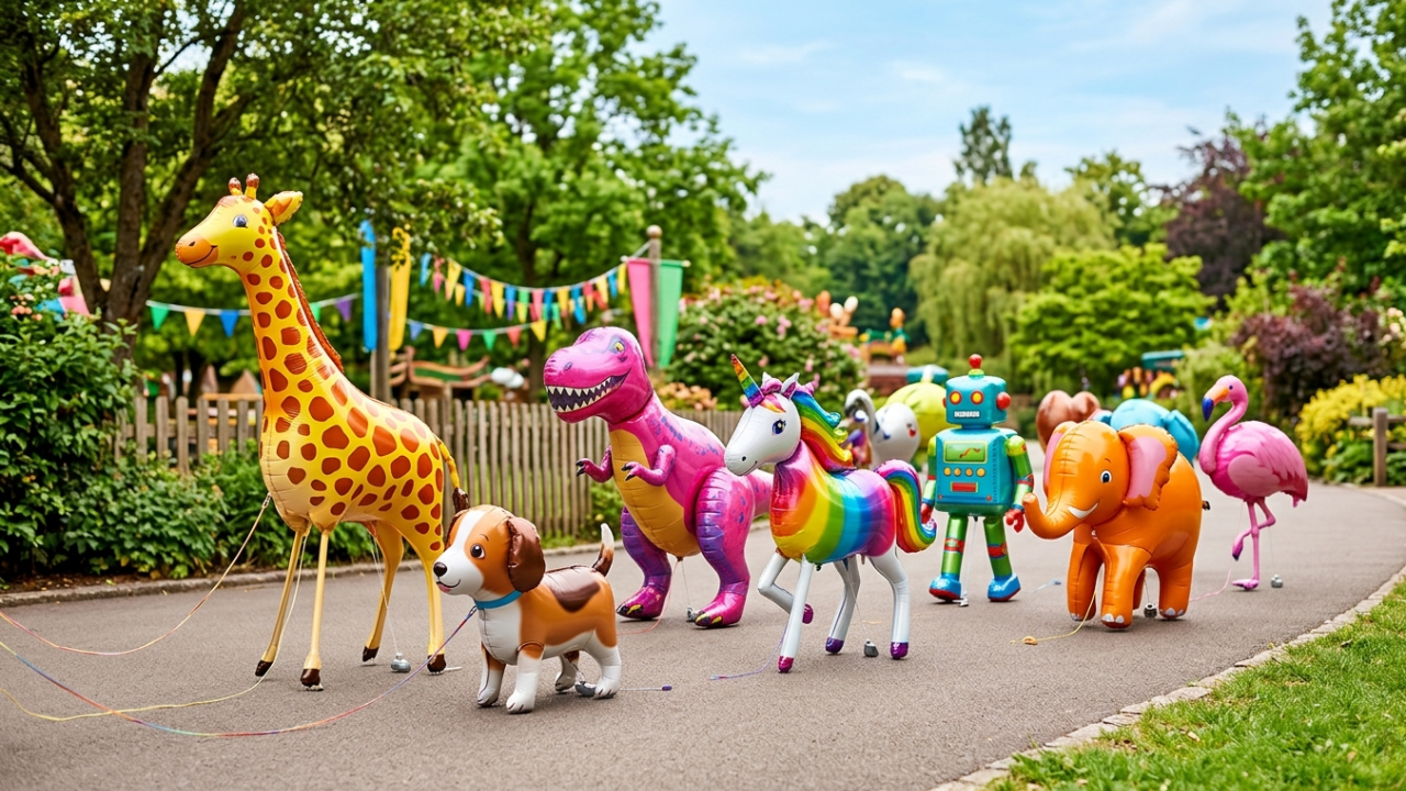 A row of colorful animal and robot balloons, including a giraffe, dinosaur, unicorn, and elephant, are displayed on a path in a park with greenery and festive decorations.