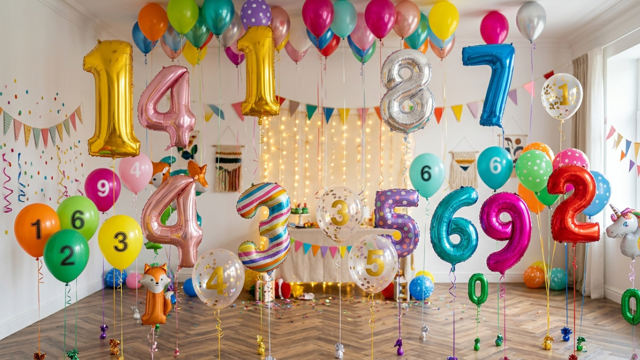 Colorful room decorated with numbered balloons, garlands, and party decorations, with numbers ranging from 0 to 14 visible throughout the space.