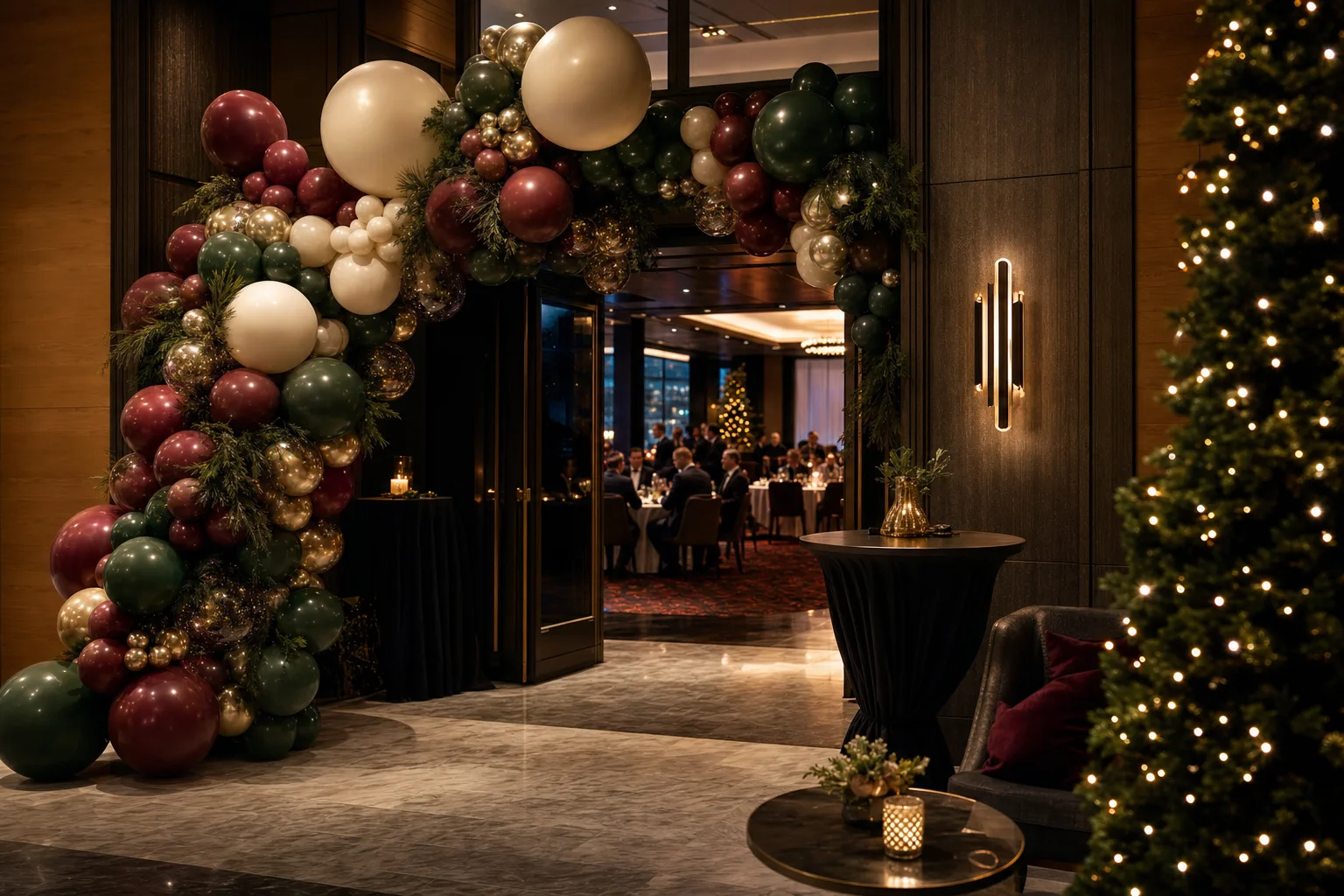Elegant ballongdekor til julebord for bedrift