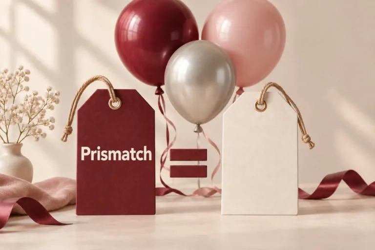 Prismatch på rød prislapp med ballonger
